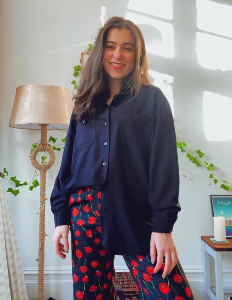 Lucie in floral trousers