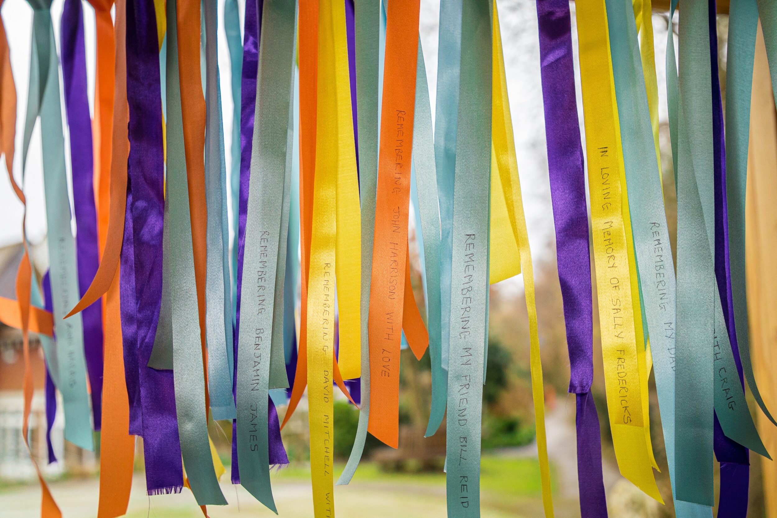 A variety of colourful ribbons hanging from a tree within the Hospice gardens.