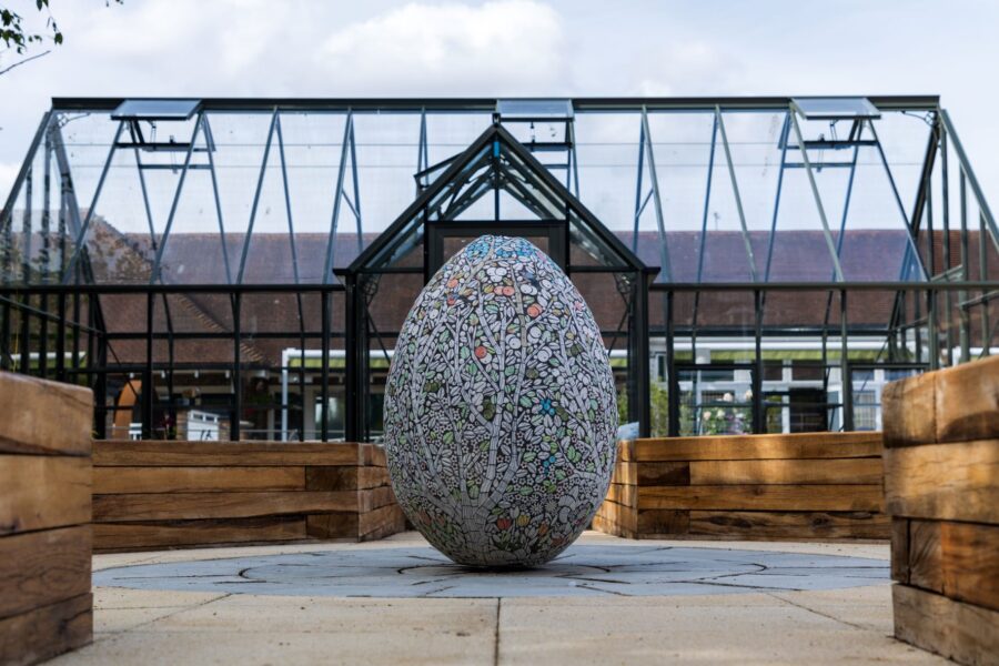 Arty Egg amongst planters and greenhouse in garden